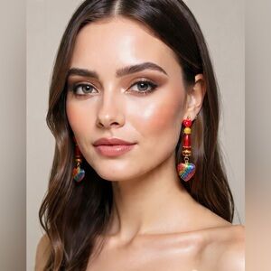 Artisan Rainbow locket Heart Drop Earrings with glass beads